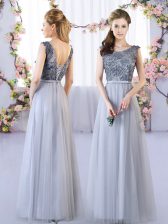  Grey Sleeveless Floor Length Appliques Lace Up Dama Dress
