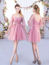  Half Sleeves Mini Length Appliques and Belt Lace Up Court Dresses for Sweet 16 with Pink 