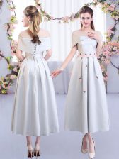  Short Sleeves Lace Up Tea Length Appliques Quinceanera Court Dresses