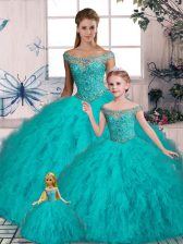 Hot Sale Tulle Sleeveless Quinceanera Gowns Brush Train and Beading and Ruffles