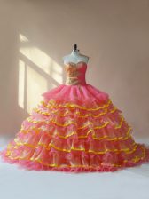 Top Selling Sweetheart Sleeveless Lace Up Quinceanera Dresses Pink Organza