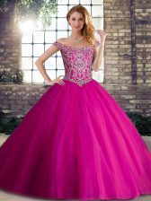  Beading 15 Quinceanera Dress Fuchsia Lace Up Sleeveless Brush Train