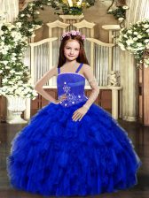 Charming Royal Blue Lace Up Little Girls Pageant Dress Wholesale Beading and Ruffles Sleeveless Floor Length