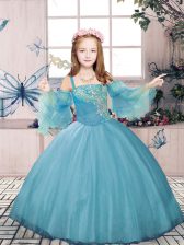  Blue Ball Gowns Beading Pageant Dress Womens Lace Up Tulle Sleeveless Floor Length