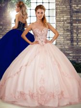  Sweetheart Sleeveless 15 Quinceanera Dress Floor Length Beading and Embroidery Pink Tulle