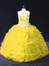 Simple Appliques and Pick Ups 15 Quinceanera Dress Gold Backless Sleeveless Floor Length