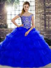  Royal Blue Off The Shoulder Lace Up Beading and Pick Ups Quinceanera Dress Brush Train Sleeveless