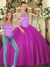 Colorful Fuchsia Halter Top Lace Up Beading Sweet 16 Dress Sleeveless