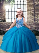  Floor Length Ball Gowns Sleeveless Blue Kids Pageant Dress Lace Up