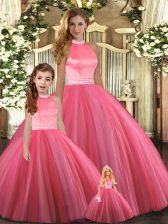 Shining Coral Red Ball Gowns Tulle Halter Top Sleeveless Beading Floor Length Backless Quinceanera Gown