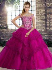  Fuchsia Off The Shoulder Lace Up Beading and Lace Quinceanera Dresses Brush Train Sleeveless