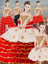  Sleeveless Floor Length Lace Up Sweet 16 Dresses in White And Red with Beading and Ruffled Layers