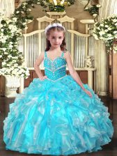 Best Organza Straps Sleeveless Lace Up Beading and Ruffles Little Girls Pageant Dress Wholesale in Aqua Blue