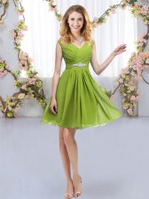 Dynamic Olive Green Sleeveless Belt Mini Length Dama Dress