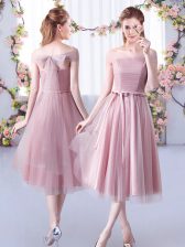 Fantastic Pink Empire Belt Quinceanera Court Dresses Lace Up Tulle Sleeveless Tea Length