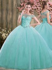Pretty Floor Length Blue Quinceanera Gown Off The Shoulder Sleeveless Lace Up