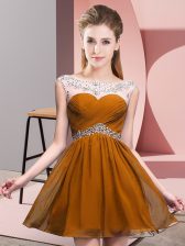 Sleeveless Mini Length Beading and Ruching Backless Prom Dresses with Brown