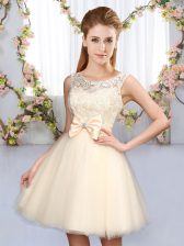 Elegant Champagne A-line Lace and Bowknot Vestidos de Damas Lace Up Tulle Sleeveless Mini Length