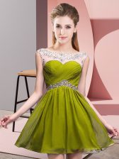  Olive Green Sleeveless Mini Length Beading and Ruching Backless Homecoming Dress