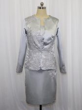 Deluxe Grey Column/Sheath Satin Square Sleeveless Lace and Appliques Mini Length Zipper Prom Party Dress
