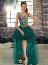Fantastic Sleeveless High Low Beading and Ruffles Lace Up Prom Party Dress with Dark Green