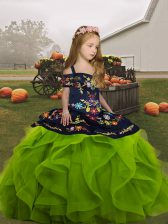 Amazing Olive Green Ball Gowns Straps Sleeveless Organza Floor Length Lace Up Embroidery and Ruffles Kids Formal Wear