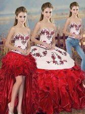 Smart Sleeveless Organza Floor Length Lace Up Sweet 16 Dress in White And Red with Embroidery and Ruffles and Bowknot