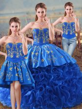 New Style Embroidery and Ruffles Vestidos de Quinceanera Royal Blue Lace Up Sleeveless Floor Length