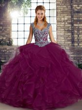Dramatic Straps Sleeveless Quinceanera Gowns Floor Length Beading and Ruffles Fuchsia Tulle