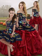  Red And Black Sleeveless Embroidery and Ruffles Floor Length 15th Birthday Dress