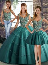  Sleeveless Tulle Floor Length Lace Up Sweet 16 Dress in Teal with Beading and Appliques