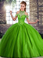 Latest Green Tulle Lace Up Vestidos de Quinceanera Sleeveless Brush Train Beading