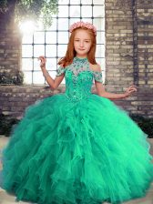  Sleeveless Floor Length Beading and Ruffles Lace Up Pageant Gowns For Girls with Turquoise