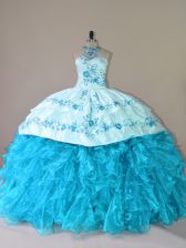  Aqua Blue Lace Up Halter Top Embroidery and Ruffles Vestidos de Quinceanera Organza Sleeveless Court Train