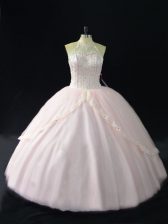 Deluxe Halter Top Sleeveless Lace Up Quince Ball Gowns Pink Tulle
