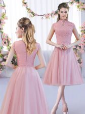  Tulle High-neck Cap Sleeves Zipper Lace Vestidos de Damas in Pink 