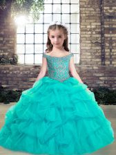  Beading and Ruffles Pageant Dress Aqua Blue Lace Up Sleeveless Floor Length