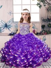 Inexpensive Sleeveless Lace Up Floor Length Beading and Ruffles Girls Pageant Dresses