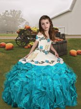  Floor Length Aqua Blue Pageant Gowns For Girls Organza Sleeveless Embroidery and Ruffles