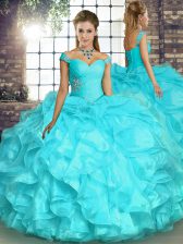 Dazzling Floor Length Ball Gowns Sleeveless Aqua Blue Vestidos de Quinceanera Lace Up