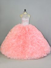  Peach 15 Quinceanera Dress Organza Sleeveless Beading and Ruffles