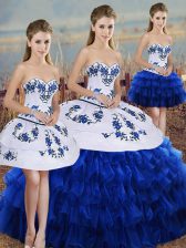 Latest Floor Length Royal Blue Quinceanera Dresses Organza Sleeveless Embroidery and Ruffled Layers and Bowknot
