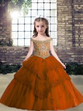 Hot Sale Sleeveless Floor Length Beading and Appliques Lace Up Glitz Pageant Dress with Rust Red