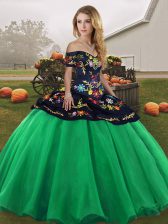 Super Turquoise Tulle Lace Up Off The Shoulder Sleeveless Floor Length Quinceanera Dress Embroidery
