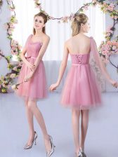 Fine Mini Length A-line Sleeveless Pink Court Dresses for Sweet 16 Lace Up