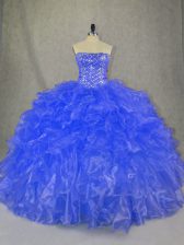 Luxurious Blue Ball Gowns Organza Strapless Sleeveless Beading and Ruffles Floor Length Lace Up Quinceanera Dress