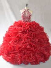  Red Ball Gowns Organza Halter Top Sleeveless Beading and Ruffles Lace Up Quinceanera Dresses Brush Train