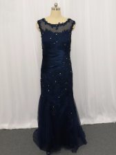  Floor Length Navy Blue Prom Dress Tulle Sleeveless Lace and Appliques