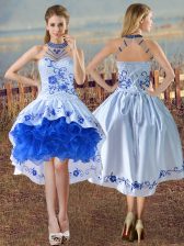 Stunning Blue And White Prom Party Dress Satin and Organza Sleeveless Embroidery and Ruffles