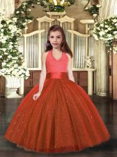 Classical Floor Length Rust Red Kids Pageant Dress Halter Top Sleeveless Lace Up